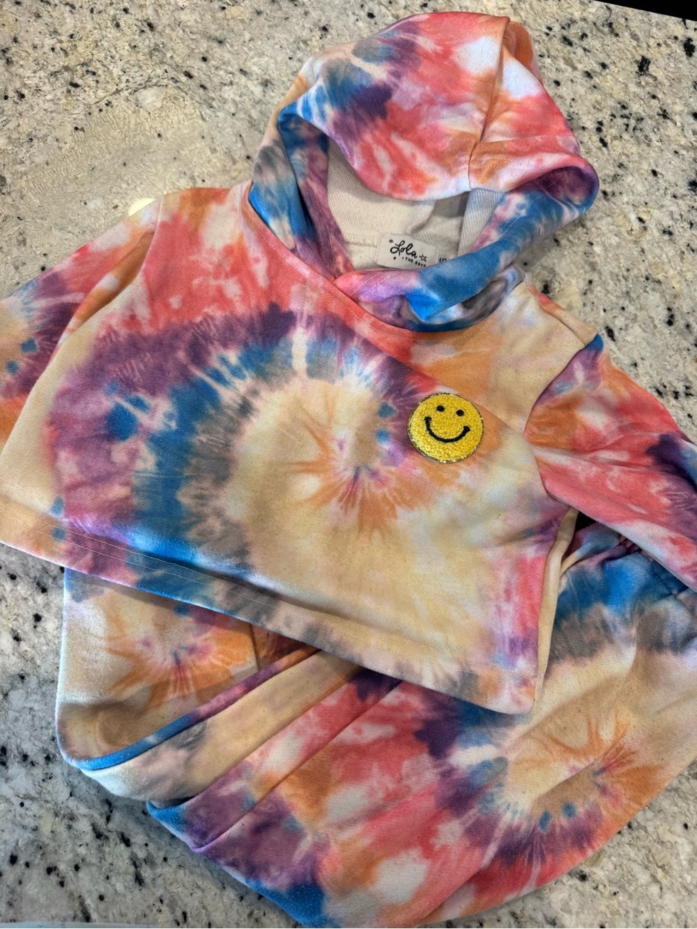 Kids Tie-Dye Cropped Hoodie with Smiley Patch - Multicolor
